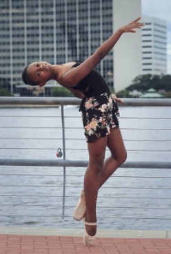 Flowers in black wrap skirt