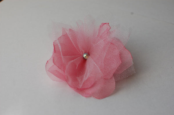 Pink flower hair clip/brooch with silky chiffon & tulle