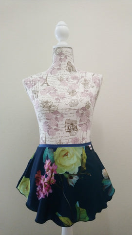 Flowers in navy spandex flowy pull-on skirt