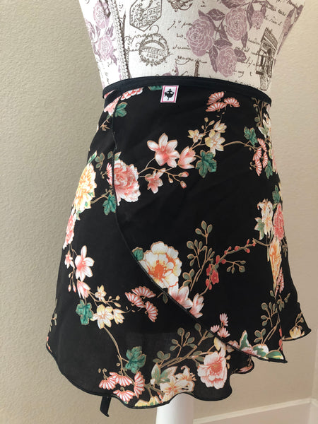 Flowers in black wrap skirt